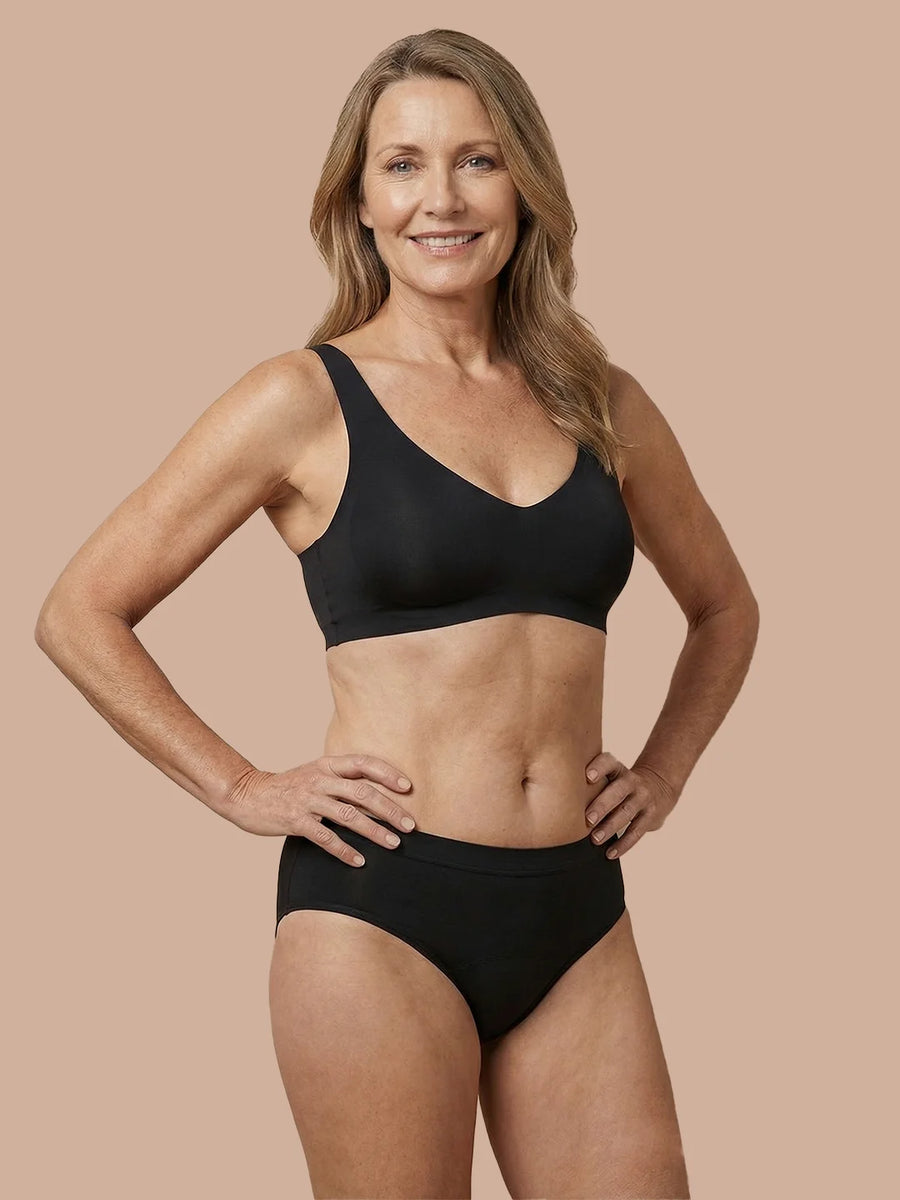 Braga sin costuras | Pérdida de orina ligera | Ultra suave y sin costuras | 100% a prueba de fugas y algodón orgánico | Negro | Bragas menstruales