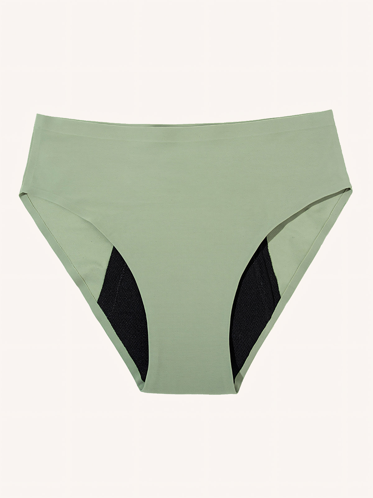 Menstruatie ondergoed groen, losse high waist brief in vooraanzicht tegen een lichte achtergrond